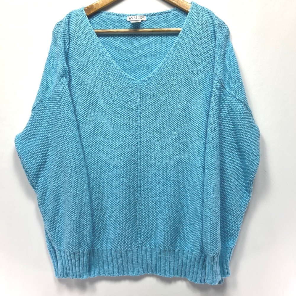 Avalin Womens Turquoise 100% Cotton V-Neck Knit Sweater OS One Size Made in USA